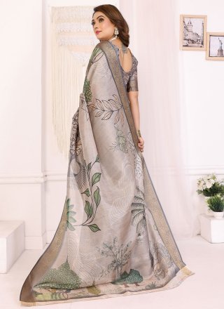 Modern Grey Silk Designer Sari with Jacquard and Print Work