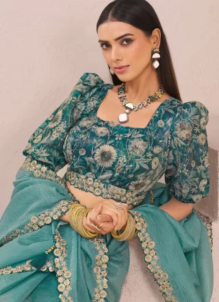 Modern Rama Fancy Fabric Traditional Saree with Cut, Embroidered, Sequins and Zari Work