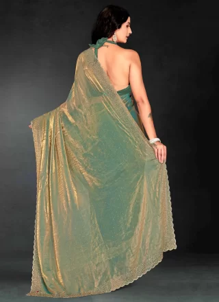 Modernistic Blue and Teal Fandy Trendy Saree with Beads, Cut Dana and Zircon Work