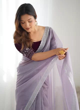 Modernistic Lavender Tissue Classic Sari with Embroidered, Sequins and Zari Work