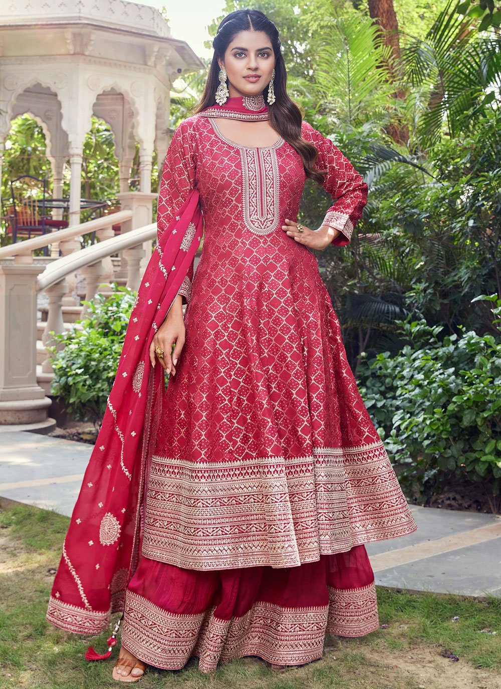 Modernistic Red Silk Salwar Suit with Embroidered, Jacquard and Print Work Modernistic Red Silk Salwar Suit with Embroidered, Jacquard and Print Work