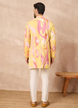 Modernistic Yellow Silk Blend Kurta Pyjama with Mirror Work