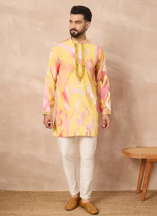 Modernistic Yellow Silk Blend Kurta Pyjama with Mirror Work