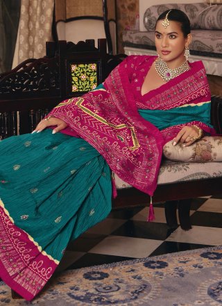 Modest Aqua Blue and Pink Silk Classic Sari with Weaving Work