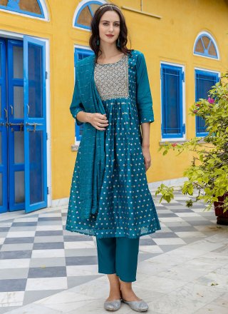 Modest Blue Chanderi Pant Style Suit