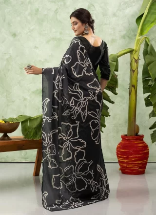 Modish Black and Grey Chinon Classic Saree with Digital Print Work