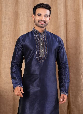 Modish Blue Art Silk Kurta Pyjama with Buttons Work