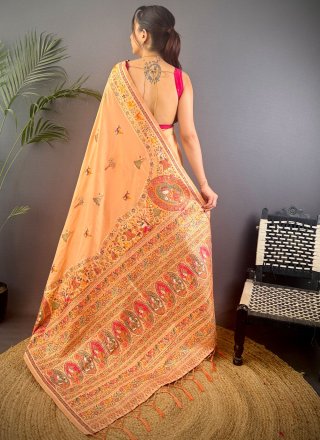 Modish Peach Pashmina Trendy Saree with Weaving Work