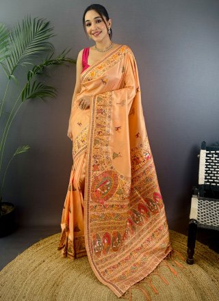 Modish Peach Pashmina Trendy Saree with Weaving Work