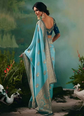 Monumental Aqua Blue Silk Traditional Saree with Embroidered and Weaving Work