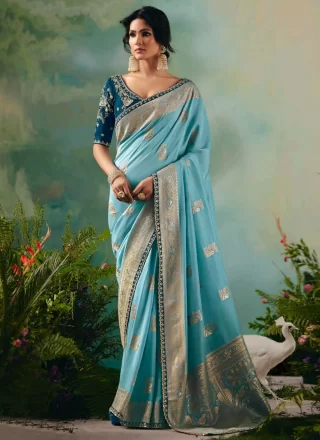 Monumental Aqua Blue Silk Traditional Saree with Embroidered and Weaving Work