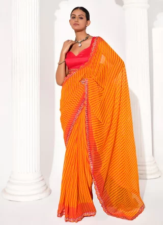 Monumental Orange Georgette Contemporary Sari with Print Work