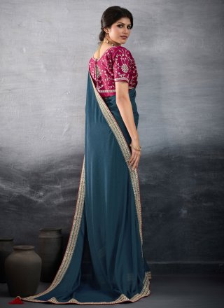 Morpeach and Teal Fancy Fabric Contemporary Saree with Patch Border, Embroidered and Zari Work