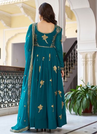 Morpeach and Teal Faux Georgette Floor Length Salwar Suit