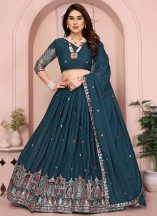 Morpeach and Teal Georgette Embroidered and Zari Work Lehenga Choli