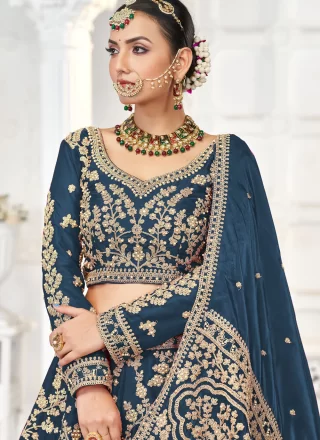 Morpeach and Teal JIMMY CHU Embroidered, Moti and Zari Work Lehenga Choli