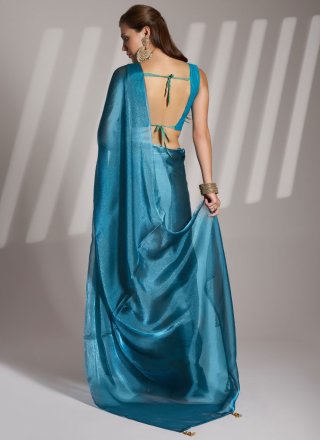 Morpeach and Teal Net Designer Sari In Plain