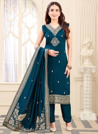 Morpeach and Teal Silk Embroidered Work Readymade Salwar Suit