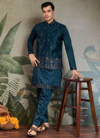 Morpeach and Teal Silk Kurta Payjama with Jacket