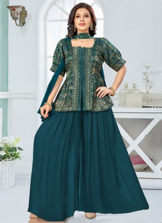 Morpeach and Teal Silk Palazzo Salwar Suit with Embroidered and Jacquard Work for Ceremonial