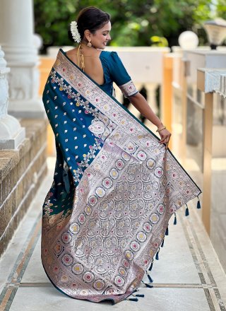 Morpeach Banarasi Silk Contemporary Sari with Meenakari and Woven Work for Ceremonial