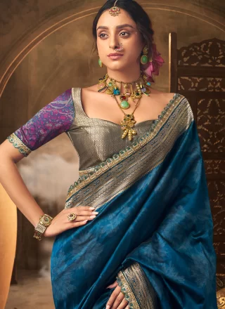 Morpeach Banarasi Silk Patch Border, Embroidered, Fancy, Print and Zari Work Designer Sari