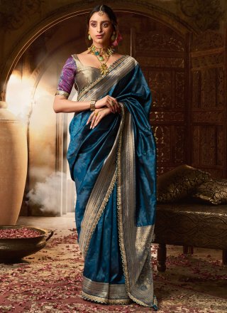 Morpeach Banarasi Silk Patch Border, Embroidered, Fancy, Print and Zari Work Designer Sari