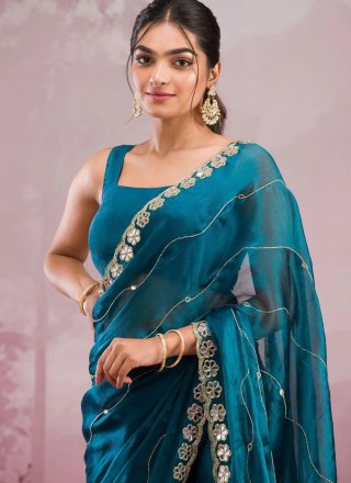 Morpeach Burburry Traditional Saree with Cut, Embroidered, Mirror and Zari Work