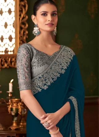 Morpeach Chiffon Patch Border, Embroidered, Sequins and Zari Work Designer Saree
