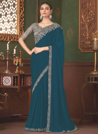 Morpeach Chiffon Patch Border, Embroidered, Sequins and Zari Work Designer Saree