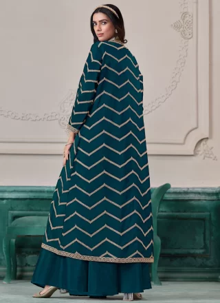 Morpeach Chinon Salwar Suit with Embroidered and Zari Work for Ceremonial