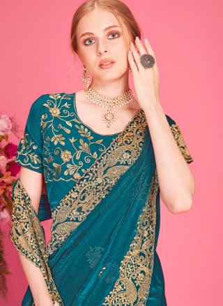 Morpeach Fandy Cut, Embroidered, Zari and Zircon Work Classic Sari