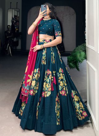 Morpeach Floral Patch, Foil Print and Lace Work Tussar Silk A - Line Lehenga Choli