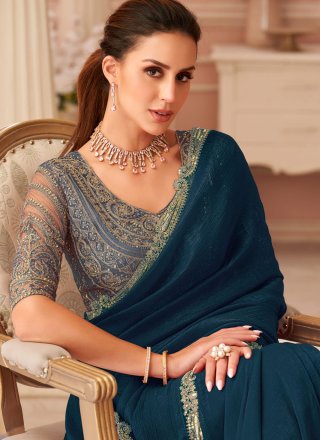 Morpeach Georgette Patch Border and Lace Work Classic Sari