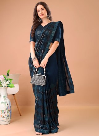 Morpeach Georgette Traditional Saree with Sequins and Thread Work