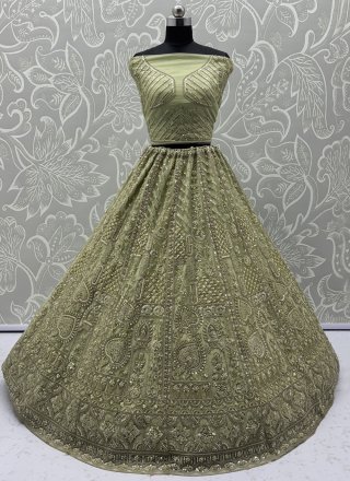 Morpeach Net Crystals, Dori, Embroidered, Moti, Sequins and Thread Work Lehenga Choli