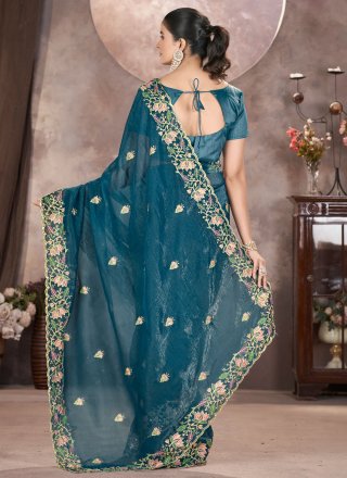 Morpeach Pure Crepe Cut, Embroidered and Zari Work Classic Sari for Ceremonial