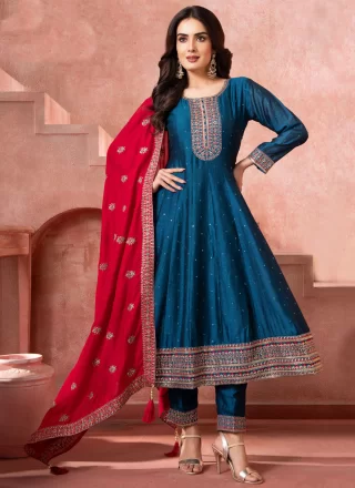 Morpeach Silk Anarkali Suit with Embroidered and Zari Work for Festival