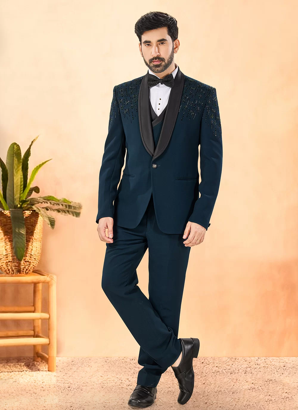 Buy Online Morpeach Suiting Tuxedo Suit with Hand Work for