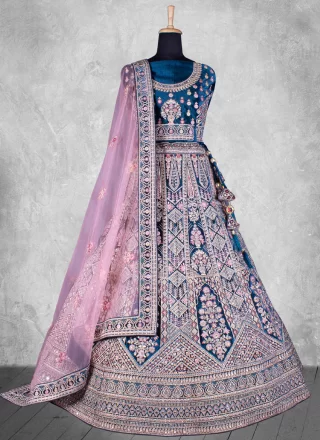 Morpeach Velvet Embroidered and Zari Work Lehenga Choli
