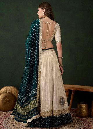 Moti, Thread and Zari Work Tissue Lehenga Choli In Cream Color