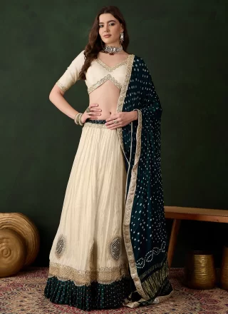 Moti, Thread and Zari Work Tissue Lehenga Choli In Cream Color