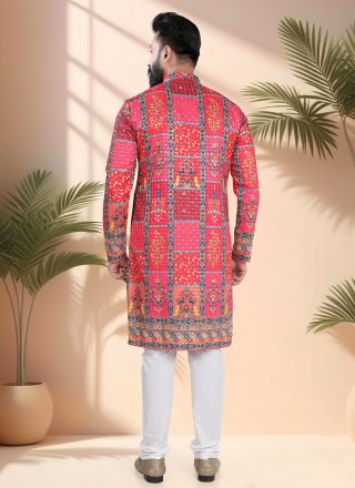 Multi Colour and Red Cotton Embroidered, Sequins and Thread Work Kurta Pyjama
