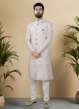 Multi Colour and White Silk Sherwani Mens Wear