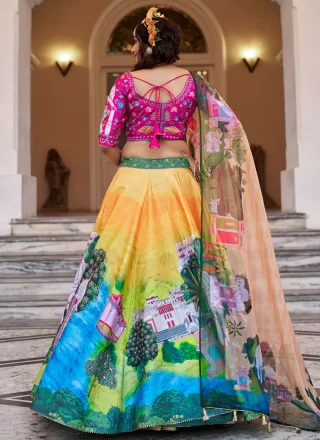 Multi Colour Art Silk Lehenga Choli with Fancy, Hand and Print Work