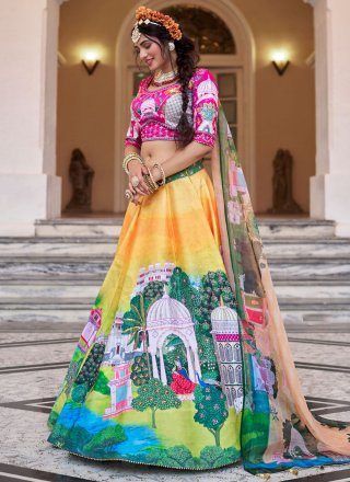 Multi Colour Art Silk Lehenga Choli with Fancy, Hand and Print Work