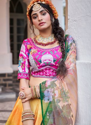 Multi Colour Art Silk Lehenga Choli with Fancy, Hand and Print Work