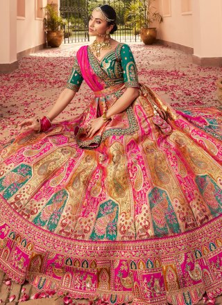 Multi Colour Banarasi Silk Embroidered, Sequins, Stone, Thread, Weaving and Zari Work Lehenga Choli