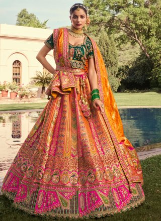 Multi Colour Banarasi Silk Embroidered, Sequins, Stone, Thread, Weaving and Zari Work Lehenga Choli