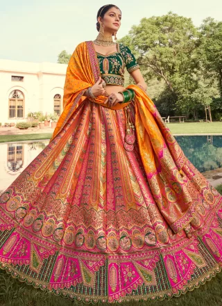 Multi Colour Banarasi Silk Embroidered, Sequins, Stone, Thread, Weaving and Zari Work Lehenga Choli